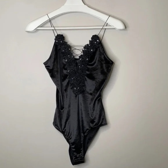 Topshop Black Beaded Lace-up Velvet Bodysuit - Picture 1 of 12